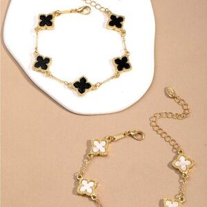 18k Gold Plated Set of 2 Clover Chain Bracelet with Black and White Enamel